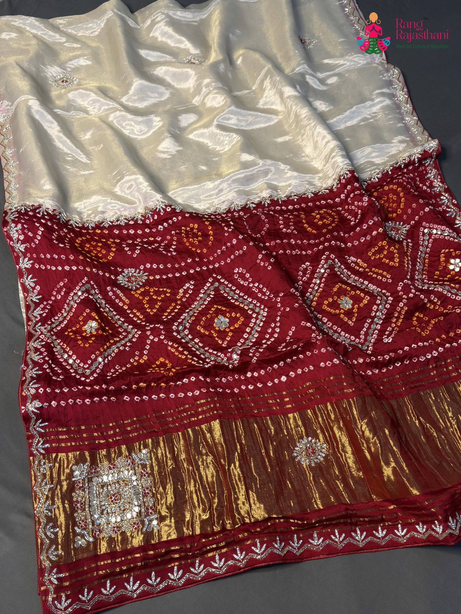 cream pure tissue silk gota patti saree by Rang Rajasthani