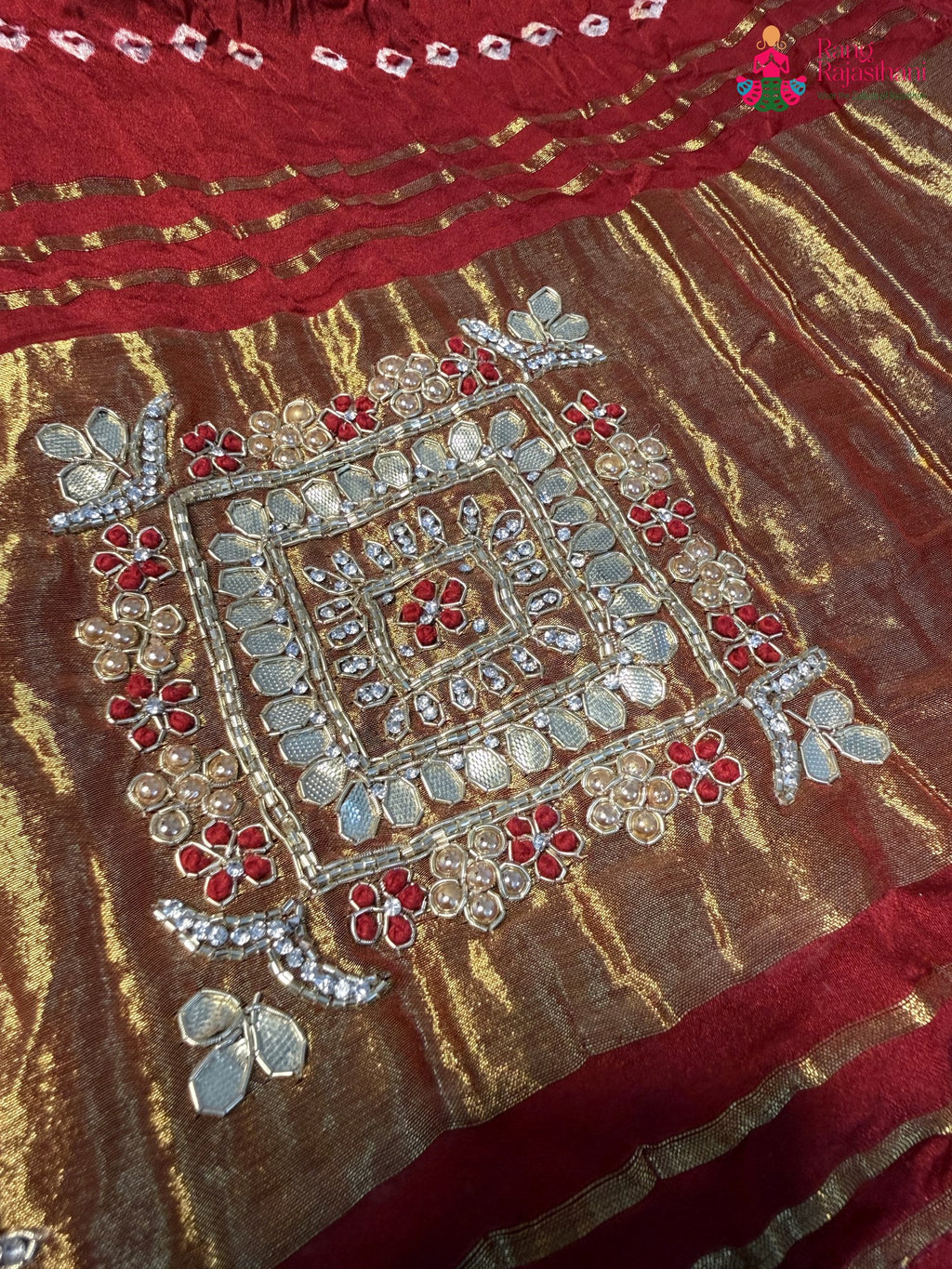close up detailing of cream pure tissue silk gota patti saree