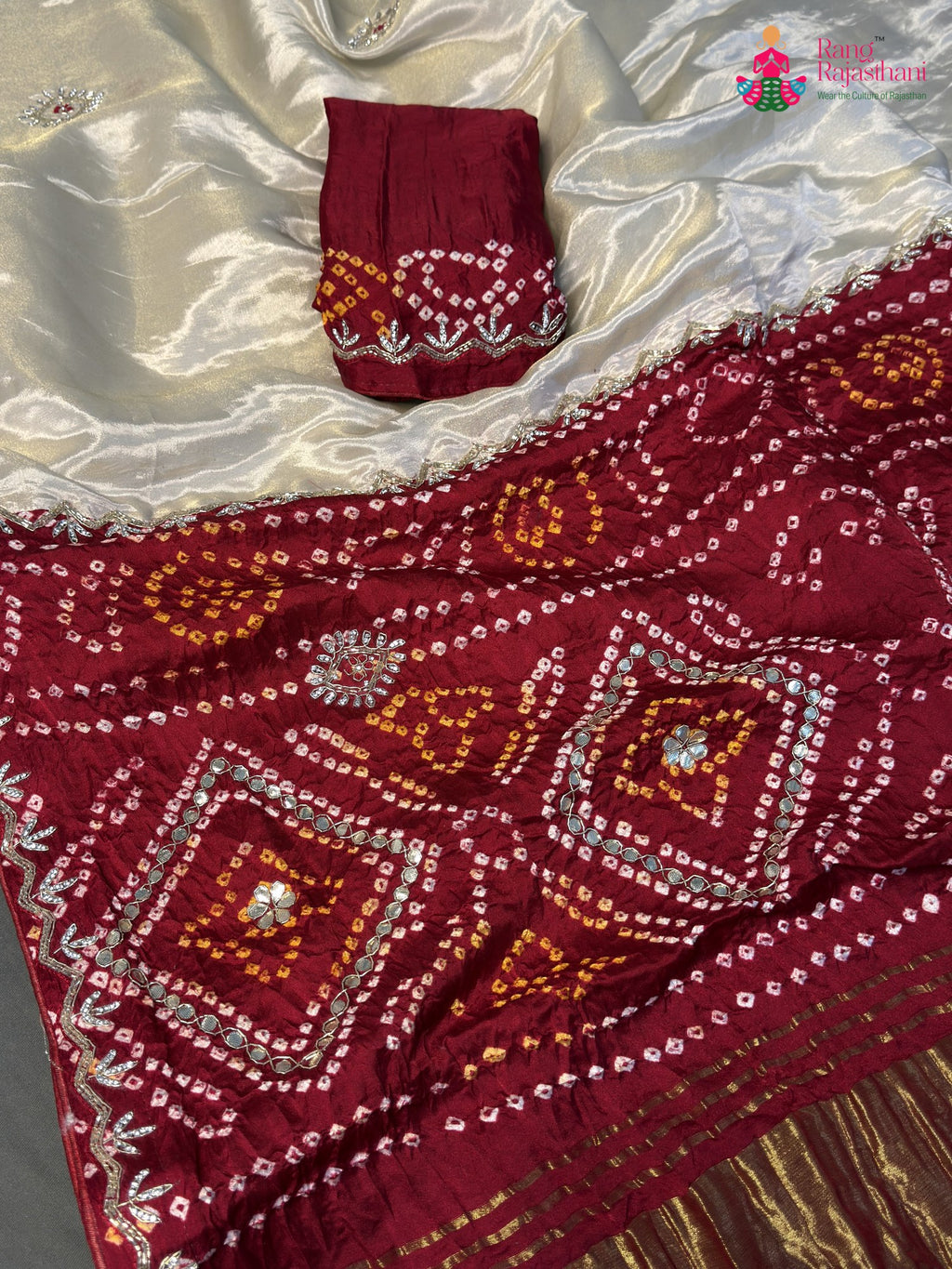 fabric texture of cream pure tissue silk gota patti saree