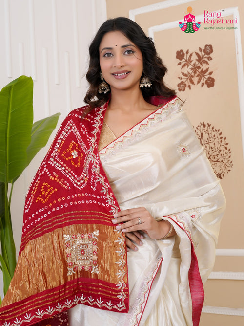 Cream Pure Tissue Silk Gota Patti Saree for Wedding Reception | Bridal Wear main-image