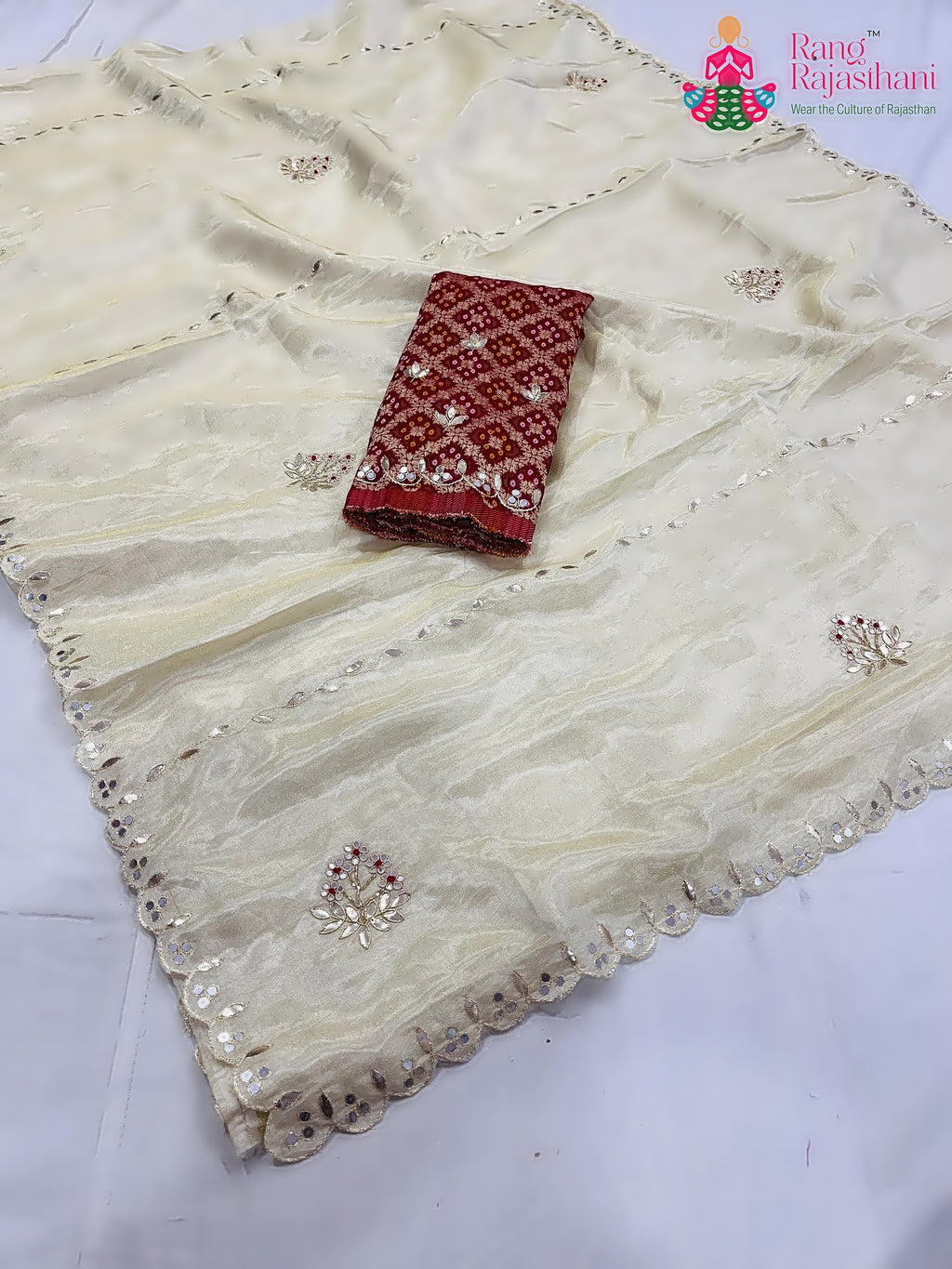complete look of cream pure tissue silk gota patti saree 