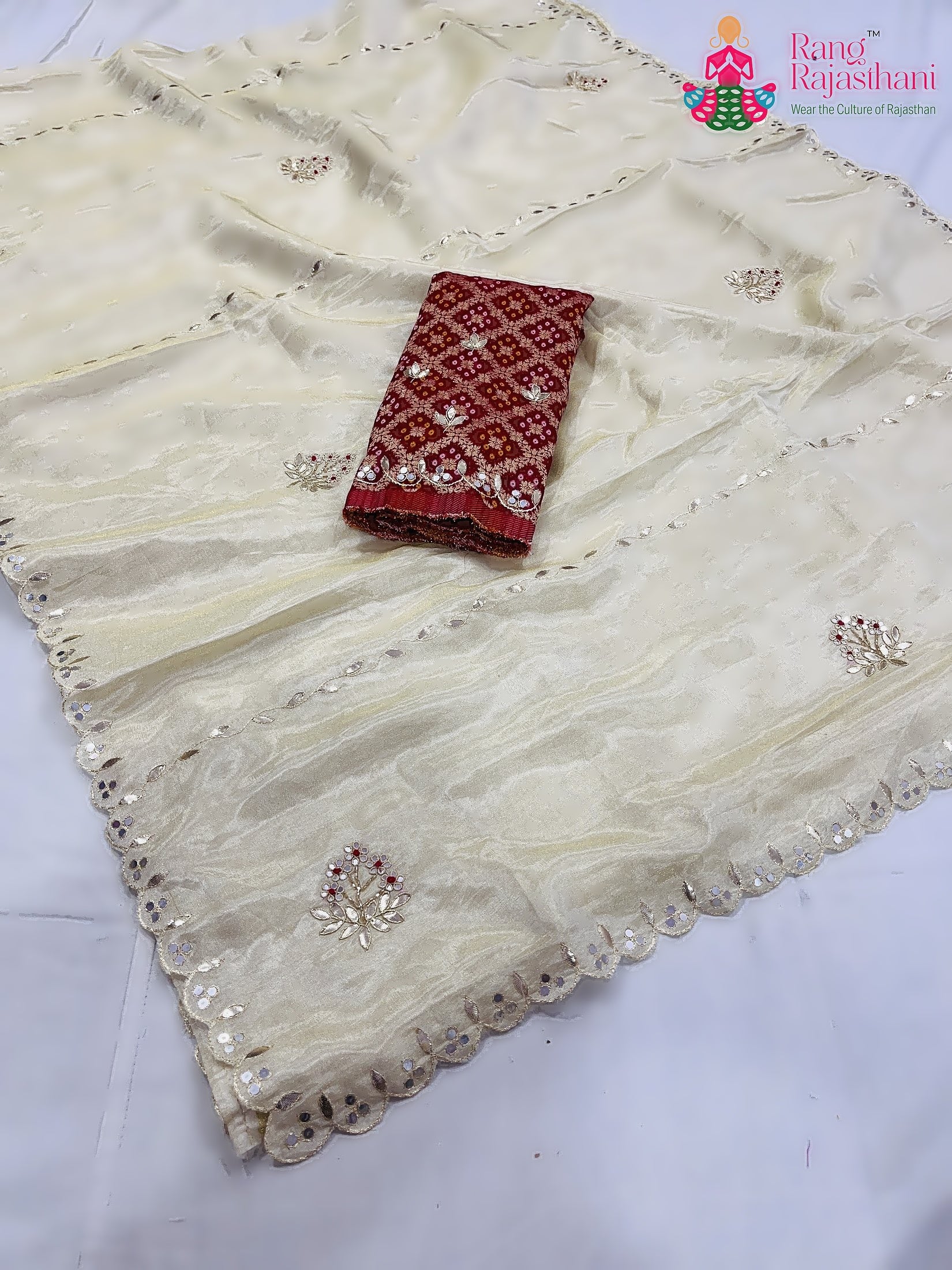 Cream Pure Tissue Silk Gota Patti Work Saree : Gentle Glow