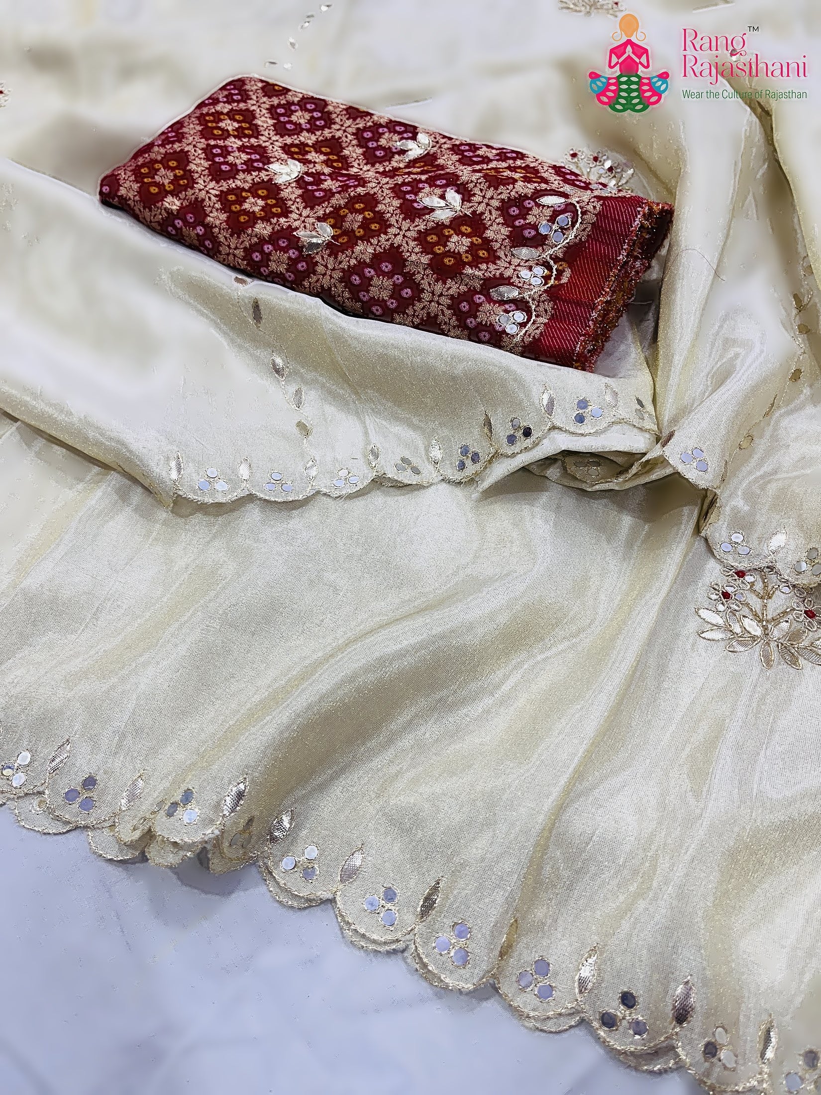 Cream Pure Tissue Silk Gota Patti Work Saree : Gentle Glow