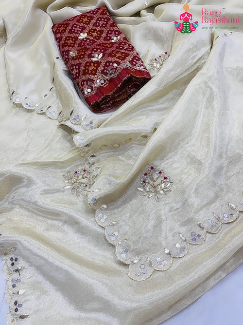pallu detailing of cream pure tissue silk gota patti saree 