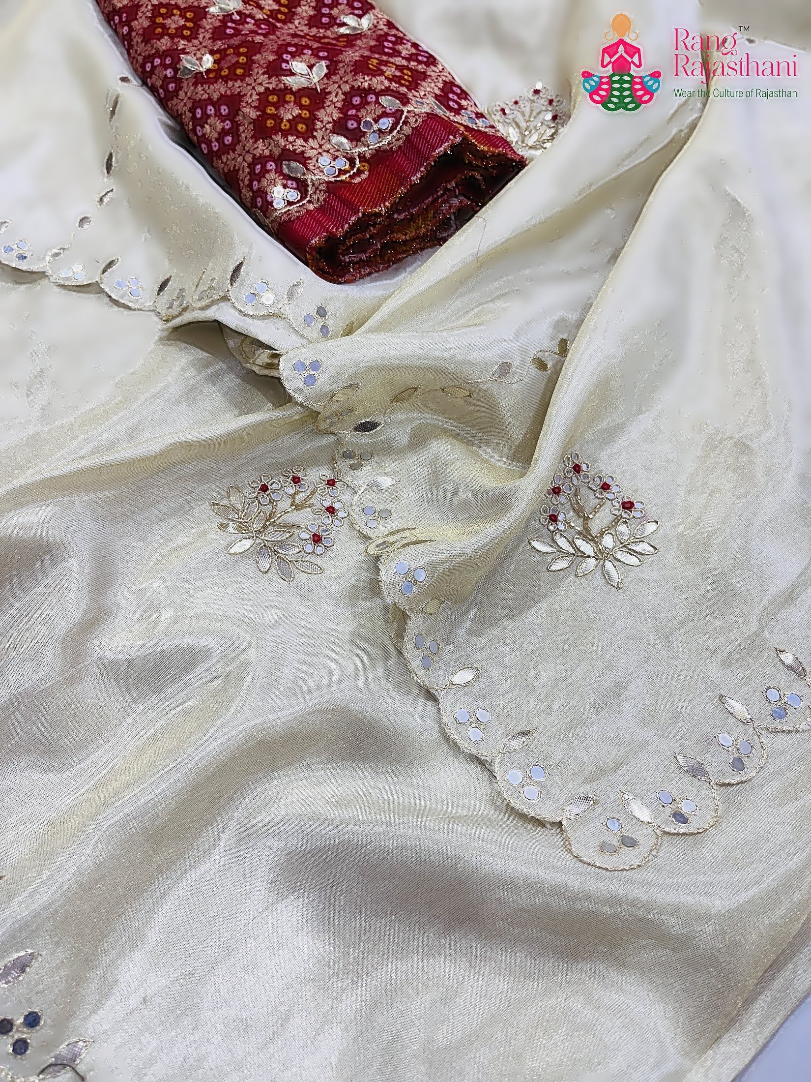 Cream Pure Tissue Silk Gota Patti Work Saree : Gentle Glow