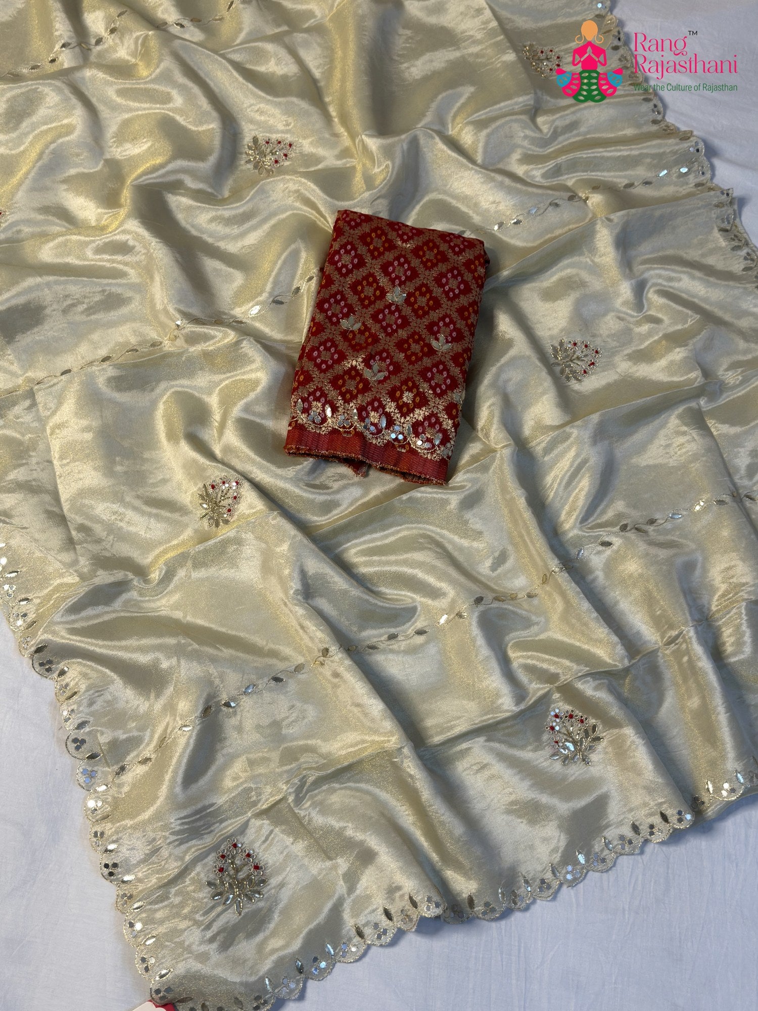 Cream Pure Tissue Silk Gota Patti Saree for Wedding Guest | Buy Now