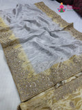 cream pure tissue silk zari embroidery saree for wedding reception by Rang Rajasthani