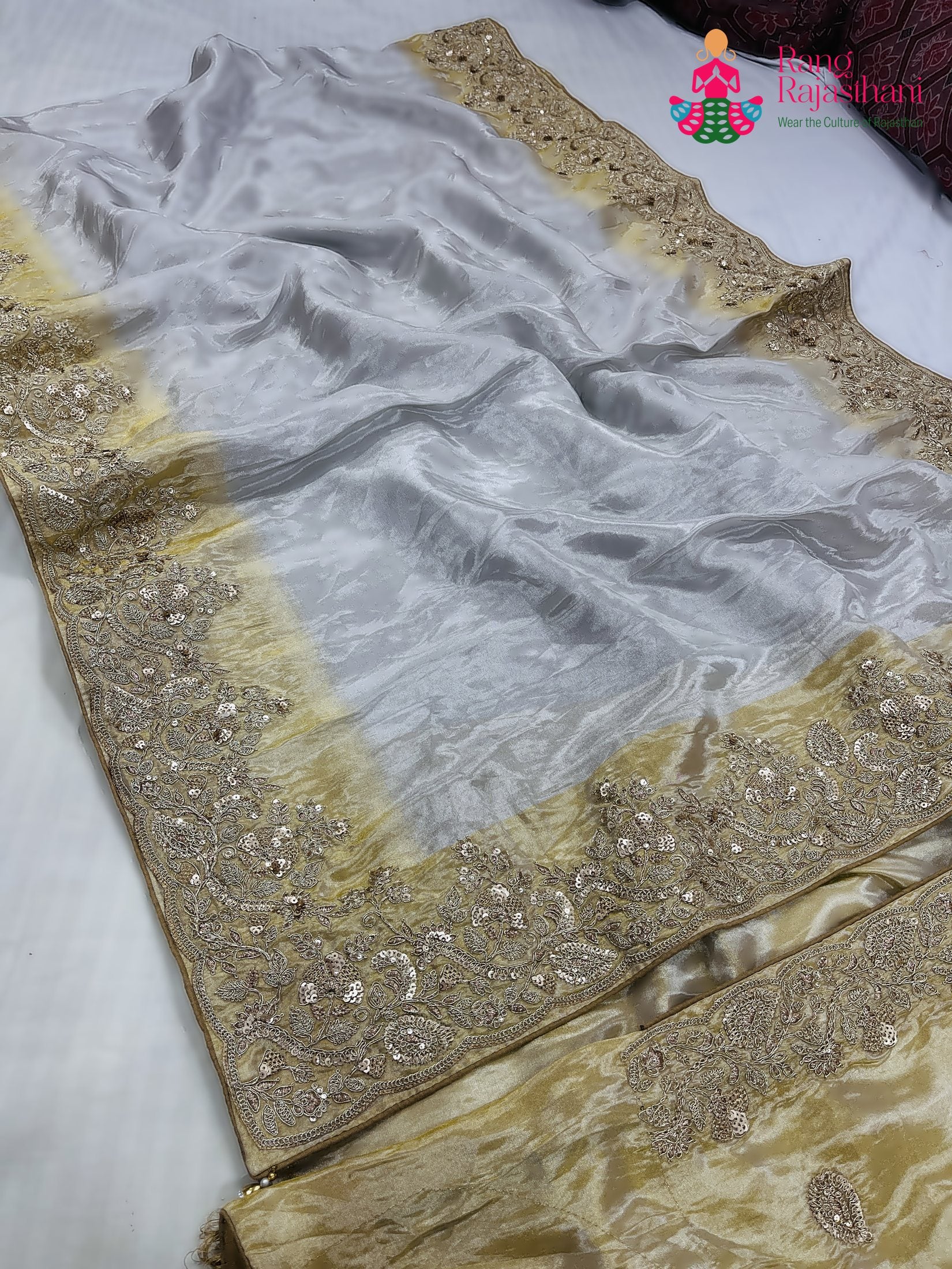 cream pure tissue silk zari embroidery saree for wedding reception by Rang Rajasthani