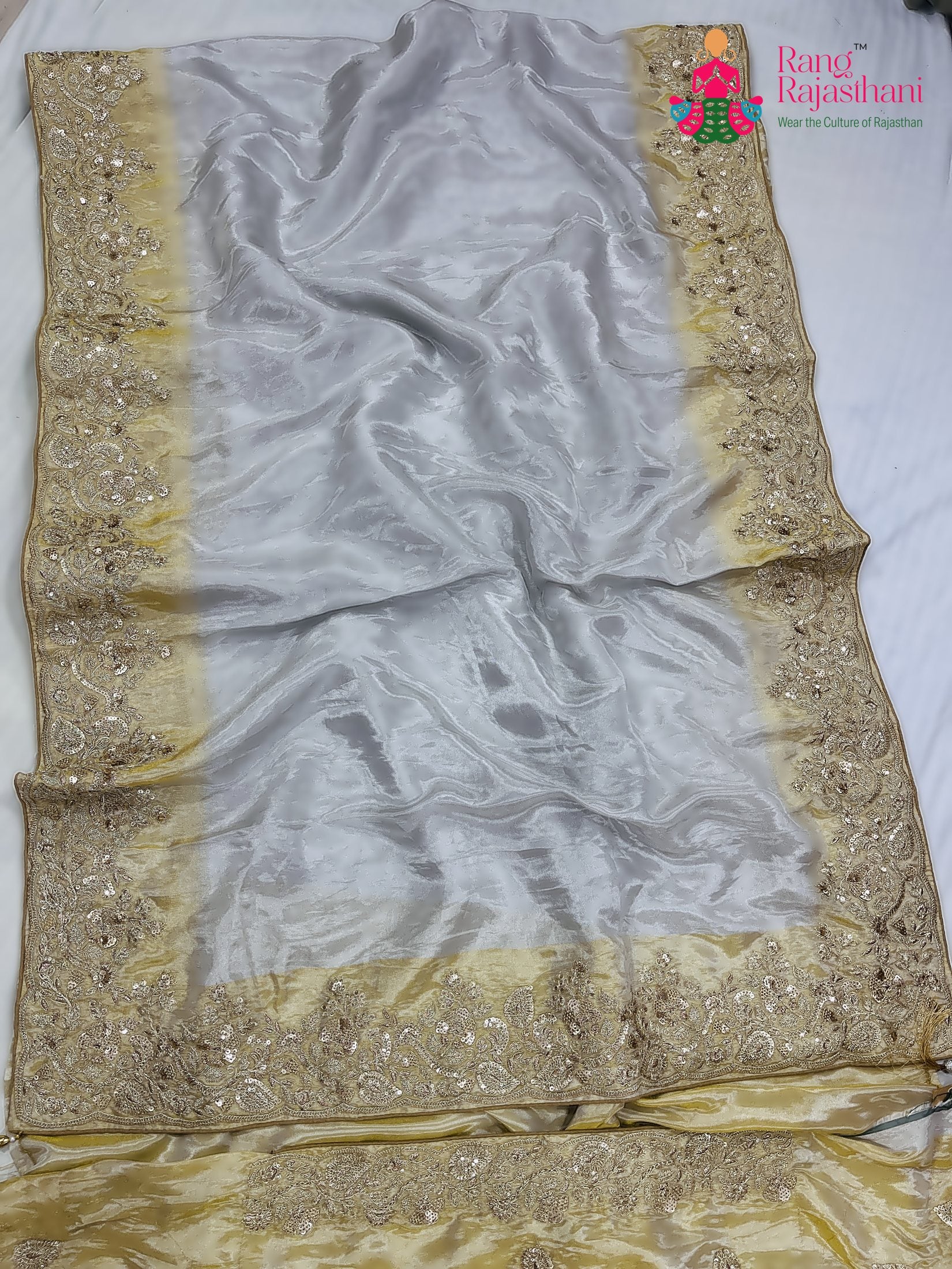 complete look of cream pure tissue silk zari embroidery saree