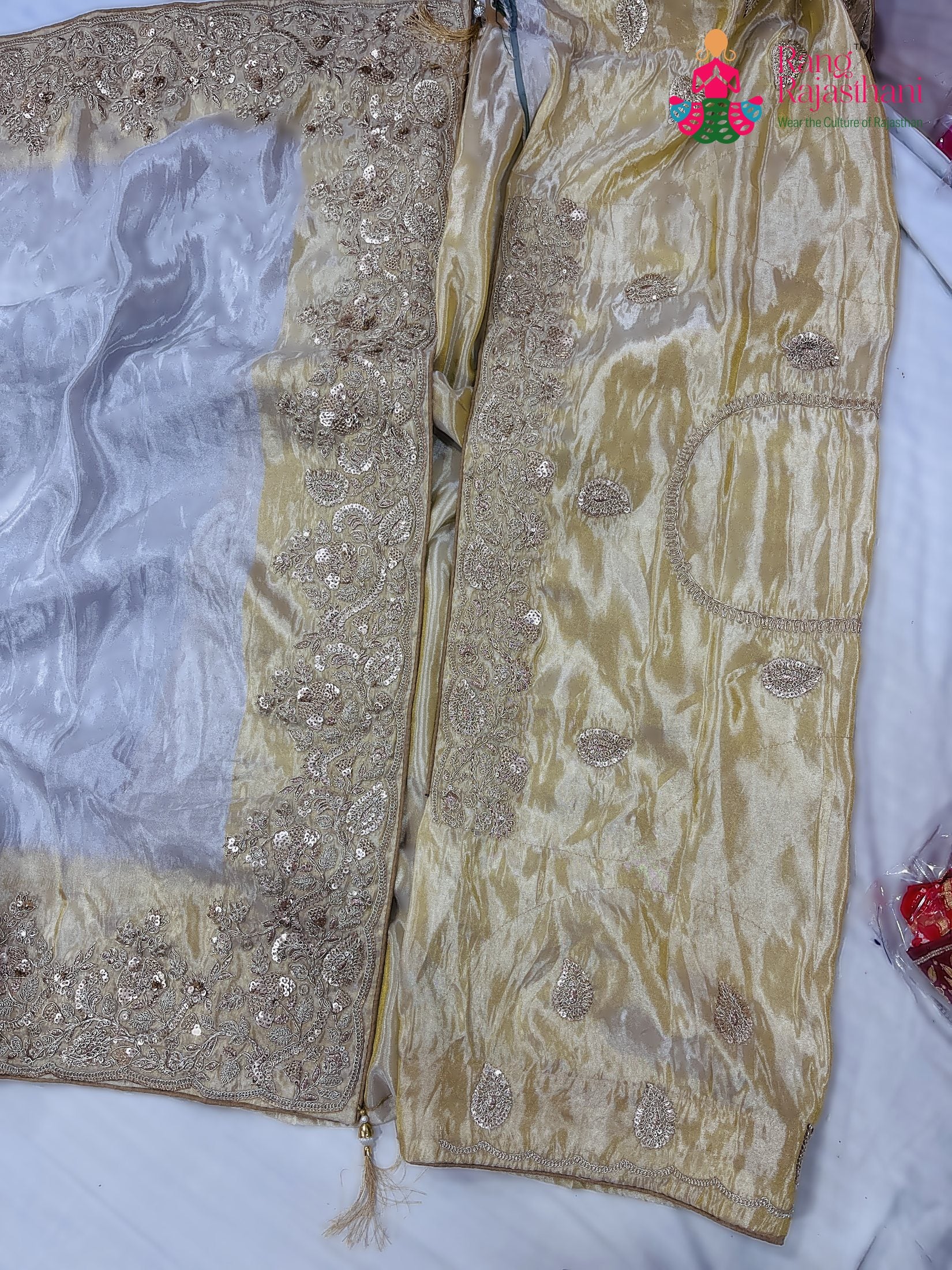 border detailing of cream pure tissue silk zari embroidery saree