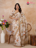 cream pure tissue silk zari embroidery saree ethnic wear by Rang Rajasthani