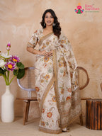 cream pure tissue silk zari embroidery saree ethnic wear by Rang Rajasthani