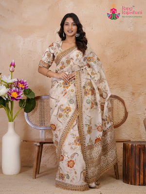 Cream Pure Tissue Silk Zari Embroidery Saree for Wedding Reception | Bridal Collection