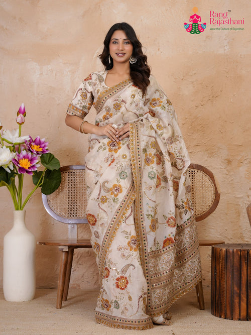 Cream Pure Tissue Silk Zari Embroidery Saree for Wedding Reception | Bridal Collection main-image