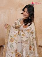 close up view of cream pure tissue silk zari embroidery saree