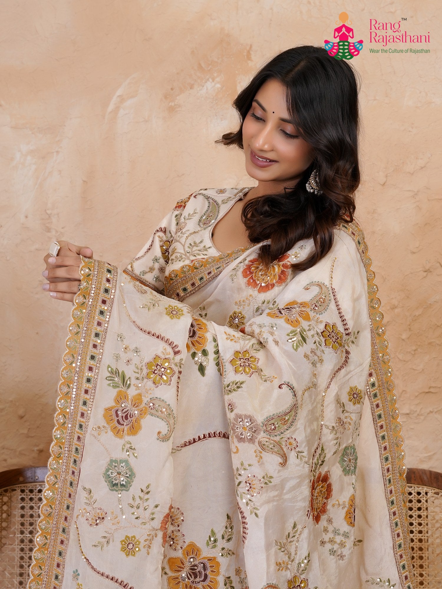 close up view of cream pure tissue silk zari embroidery saree