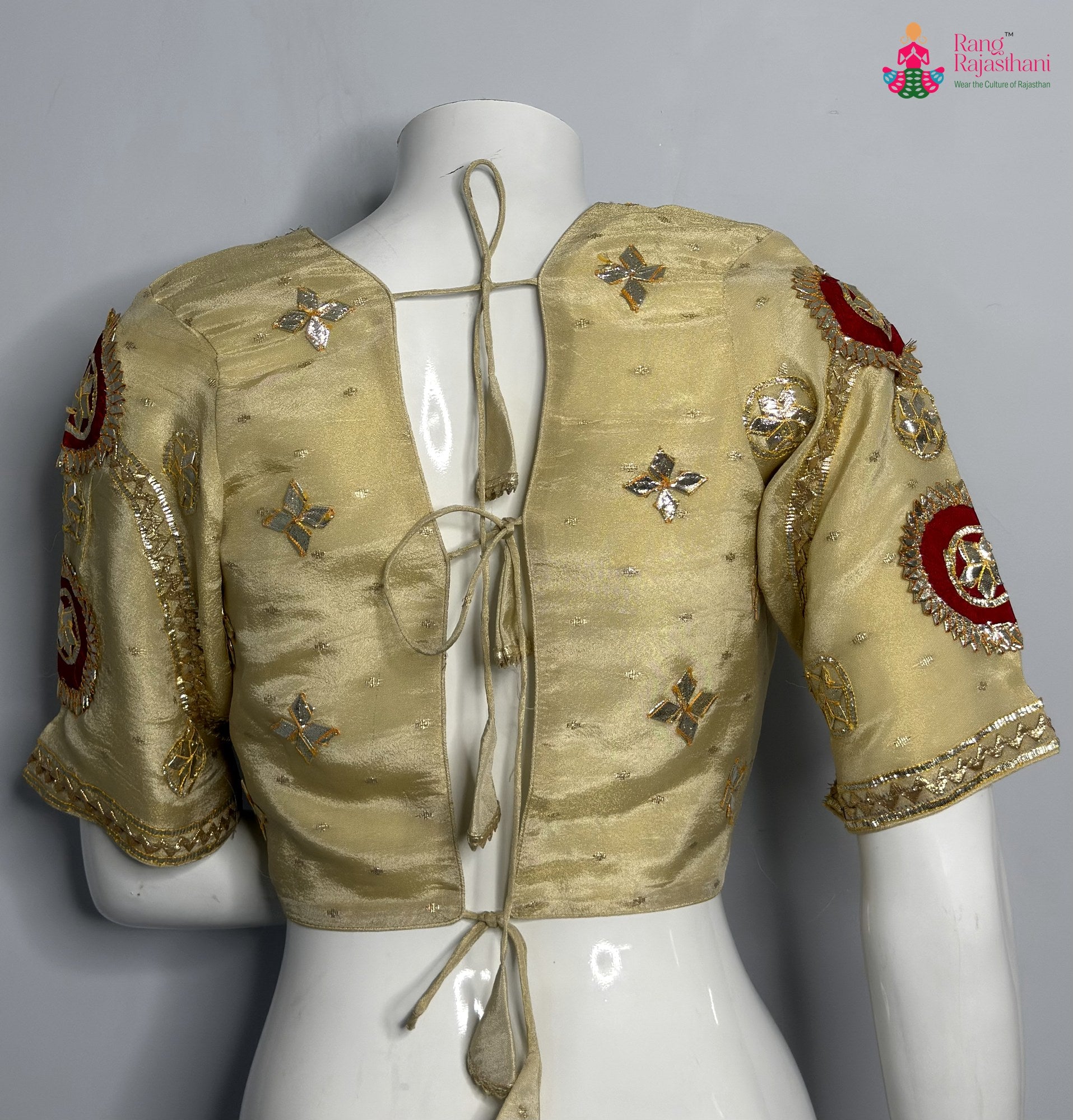 close up detailing of cream pure upada silk gota patti blouse 3764