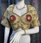 Cream Pure Upada Silk Gota Patti Blouse for Wedding Guest | Designer Saree