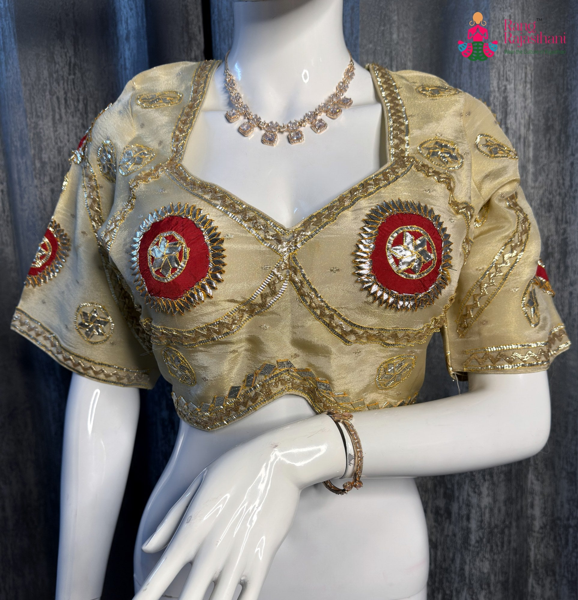 Cream Pure Upada Silk Gota Patti Blouse for Wedding Guest | Designer Saree