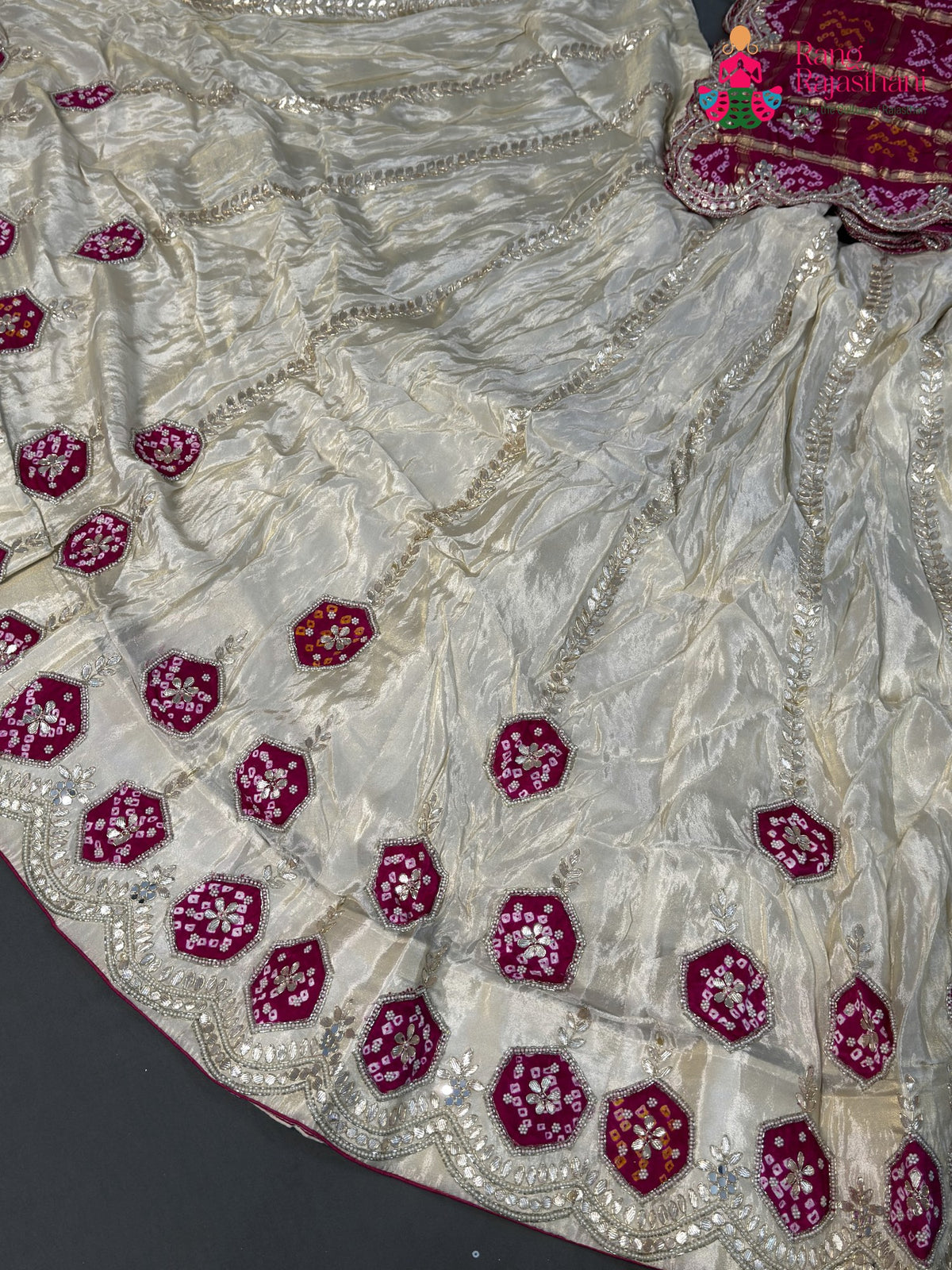 cream semi gaji silk bandhani lehenga chunni ethnic wear by Rang Rajasthani