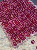 chunni detail of cream semi gaji silk bandhani lehenga chunni