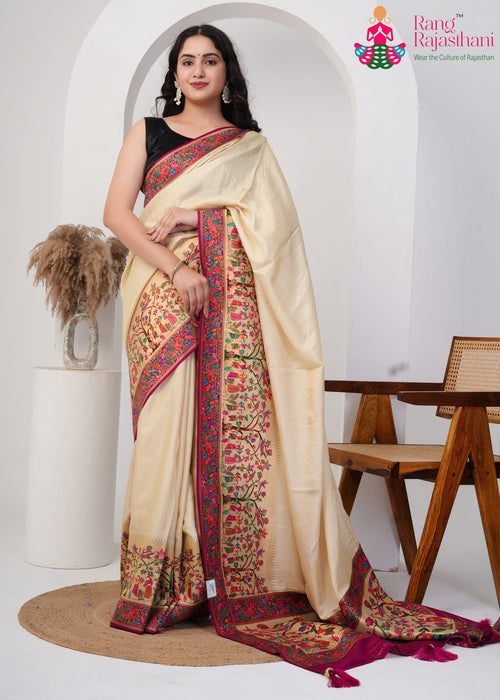 Cream Pure Silk Embroidered Heritage Saree : Royal Canvas main-image