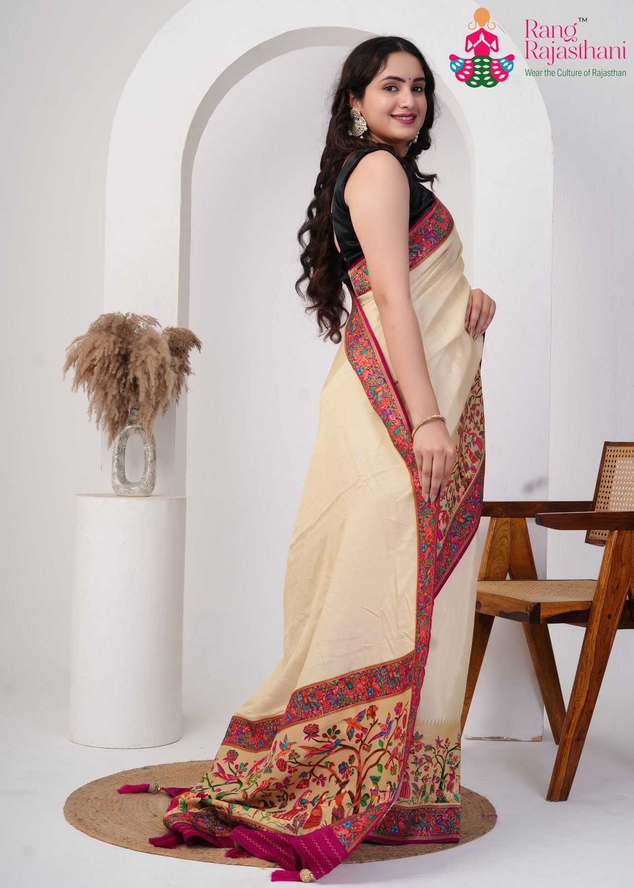 Cream Pure Silk Embroidered Heritage Saree : Royal Canvas