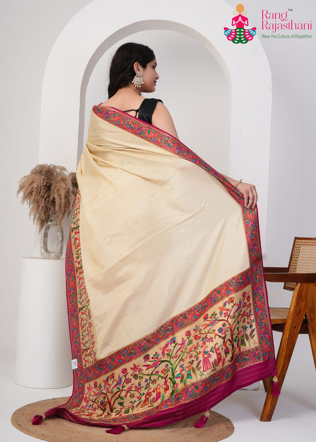 Cream Pure Silk Embroidered Heritage Saree : Royal Canvas