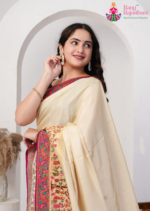 Cream Pure Silk saree with Hand Embroidery close up detailing