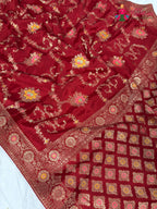 fabric texture of crimson red pure crape chinon banarasi khaddi mina jaal saree
