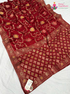border detailing of crimson red pure crape chinon banarasi khaddi mina jaal saree