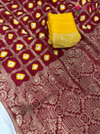 fabric texture of crimson red pure dola silk bandhej banarasi zari saree