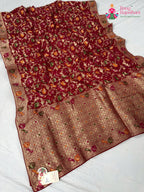 border detailing of crimson red pure georgette khaddi saree