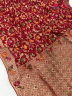 fabric texture of crimson red pure georgette khaddi saree