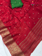 full view of crimson red pure ho silk mirror saree