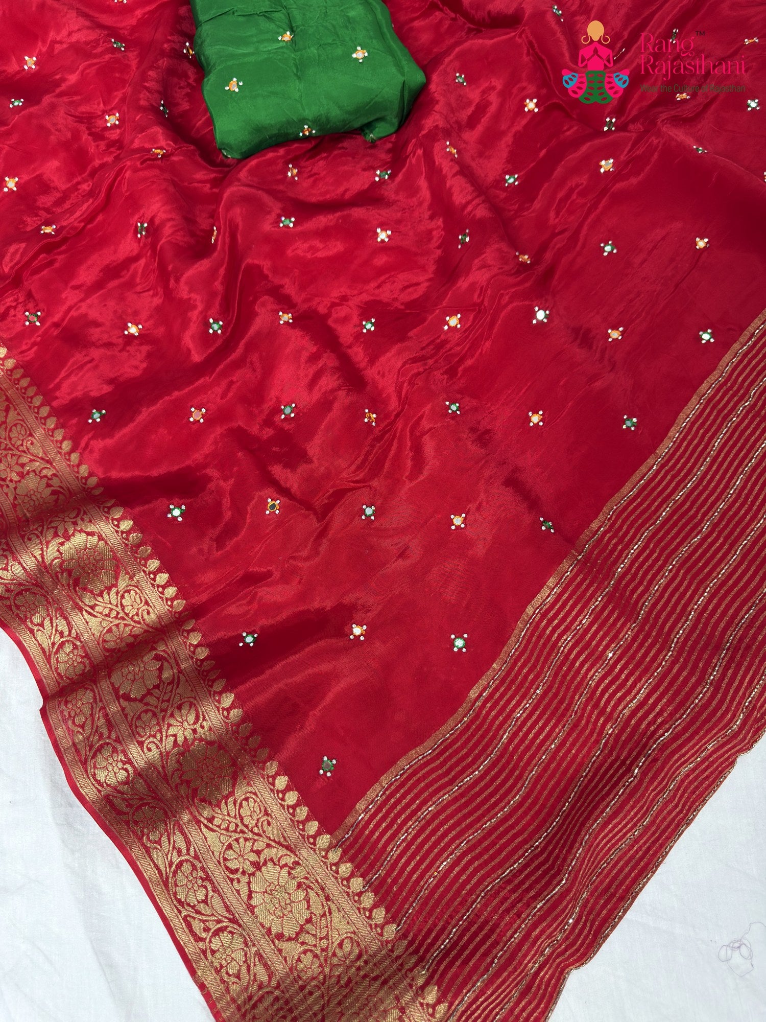 full view of crimson red pure ho silk mirror saree