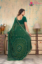 Green Synthetic Georgette saree with Kundan Handwork back view