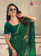 Green Synthetic Georgette saree with Kundan Handwork close up detailing