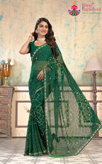 Green Synthetic Georgette saree with Kundan Handwork side drape view