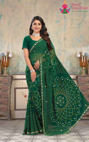 Green Art Georgette Bandhani Print Chunri Saree for Mehendi Ceremony | Latest Pick