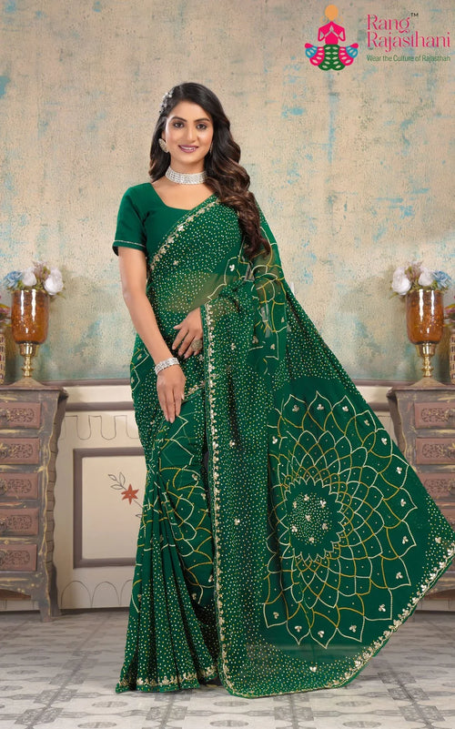 Green Emerald Bandhani Georgette Saree : Kundan Glow main-image