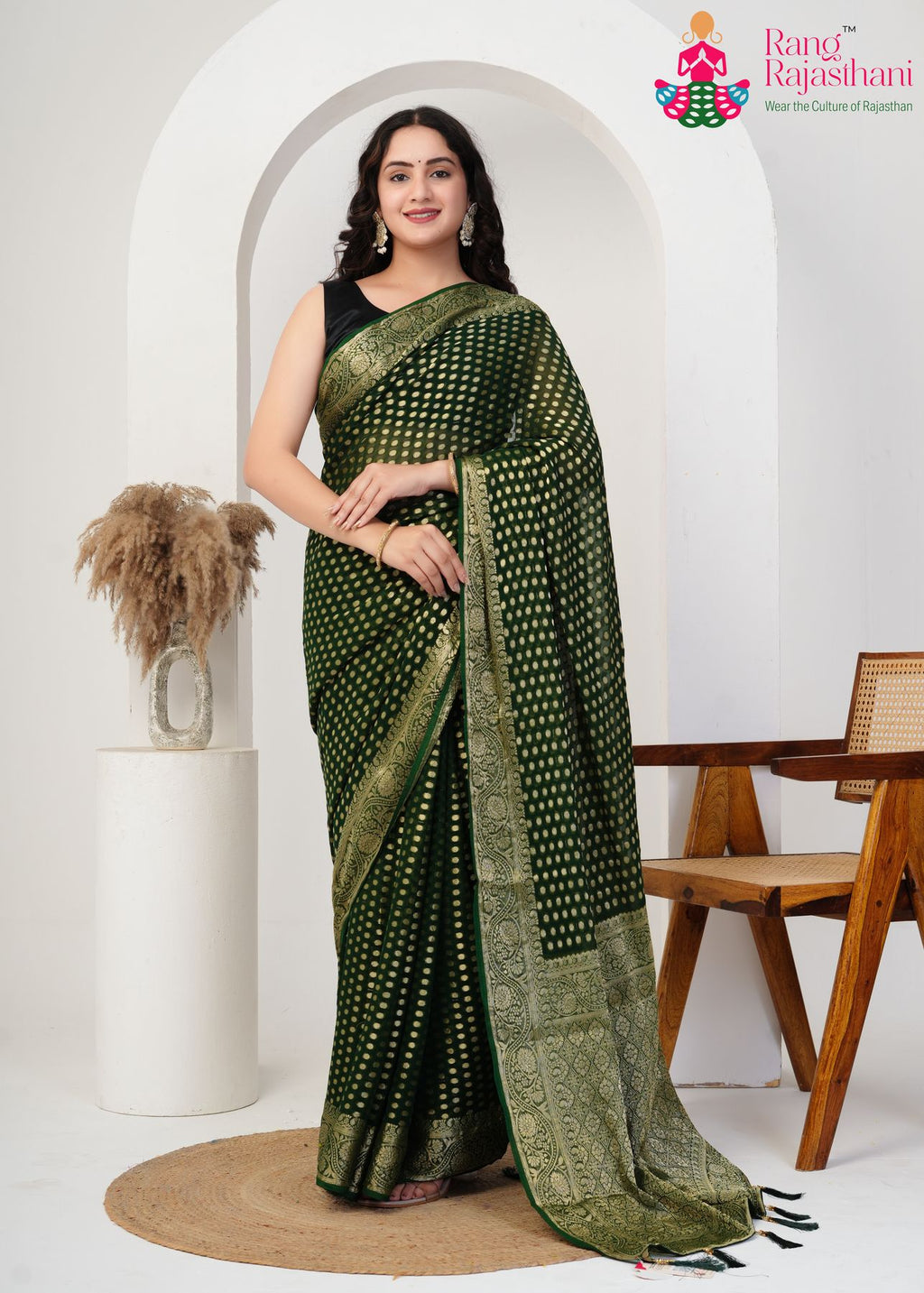 Green Pure Georgette Sangeet Ceremony saree with Khaddi Work from Rang Rajasthani
