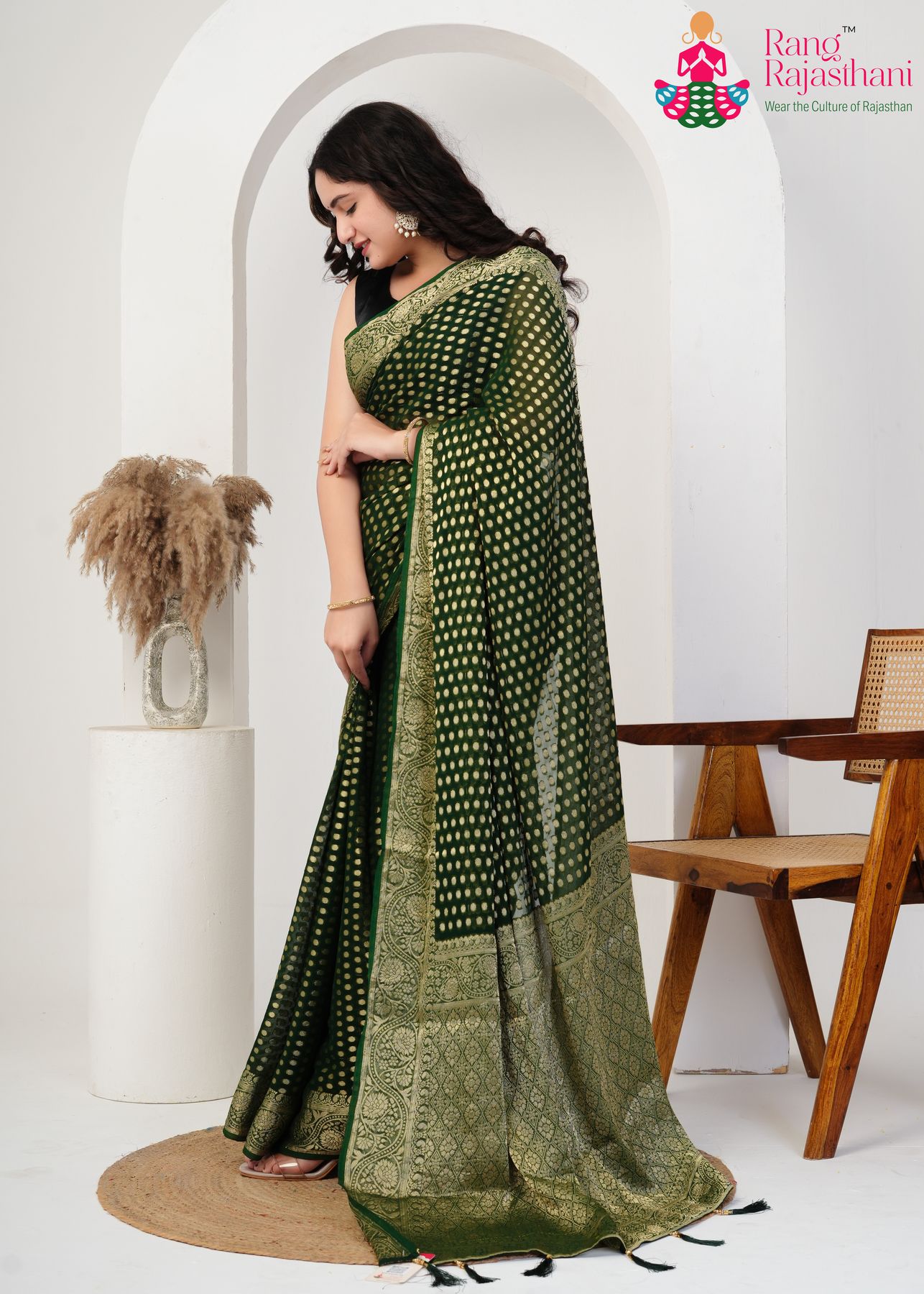 Green Pure Georgette Khaddi Charm Saree : Desi Queen Look