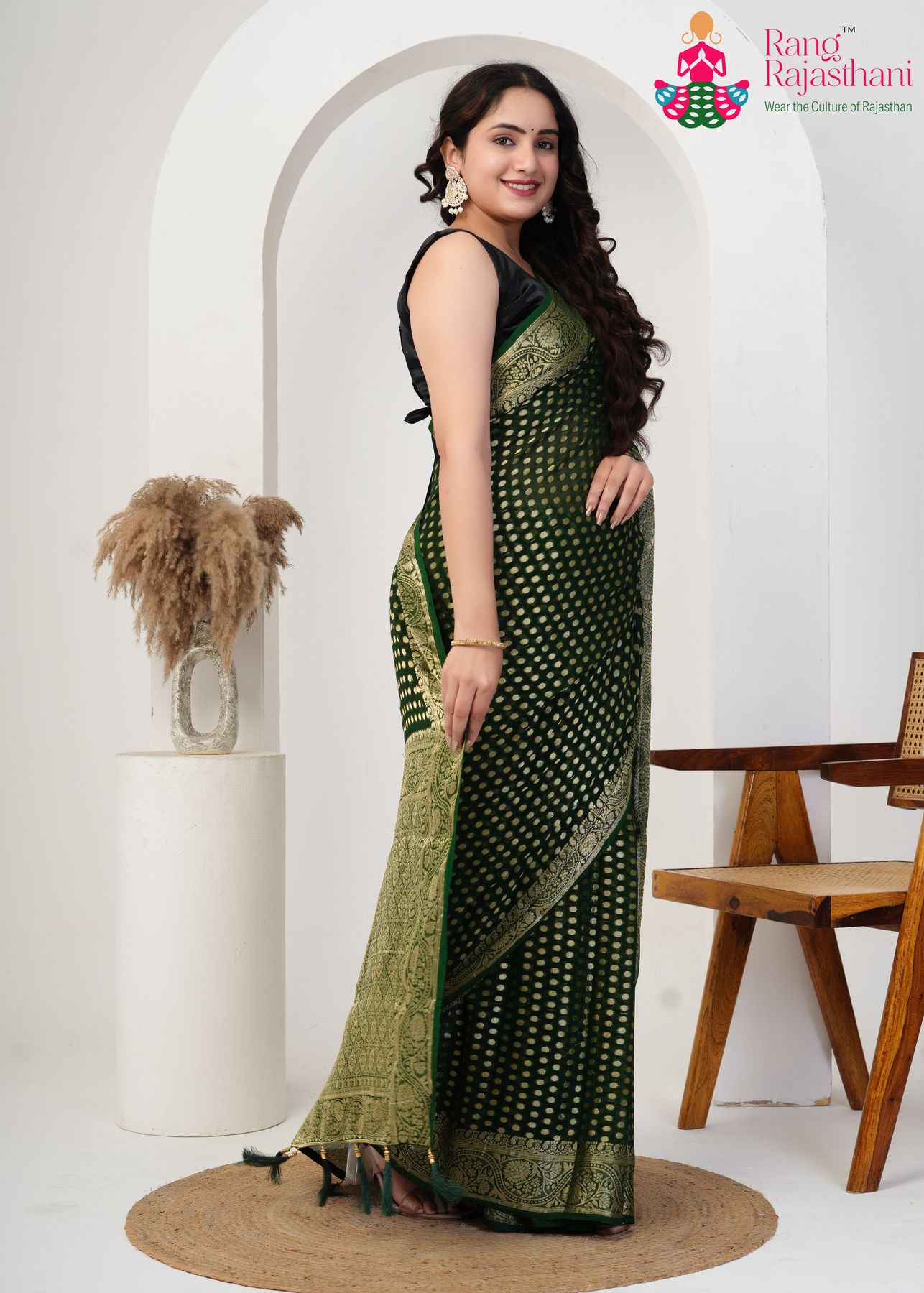 Green Pure Georgette saree with Khaddi Work pallu detailing
