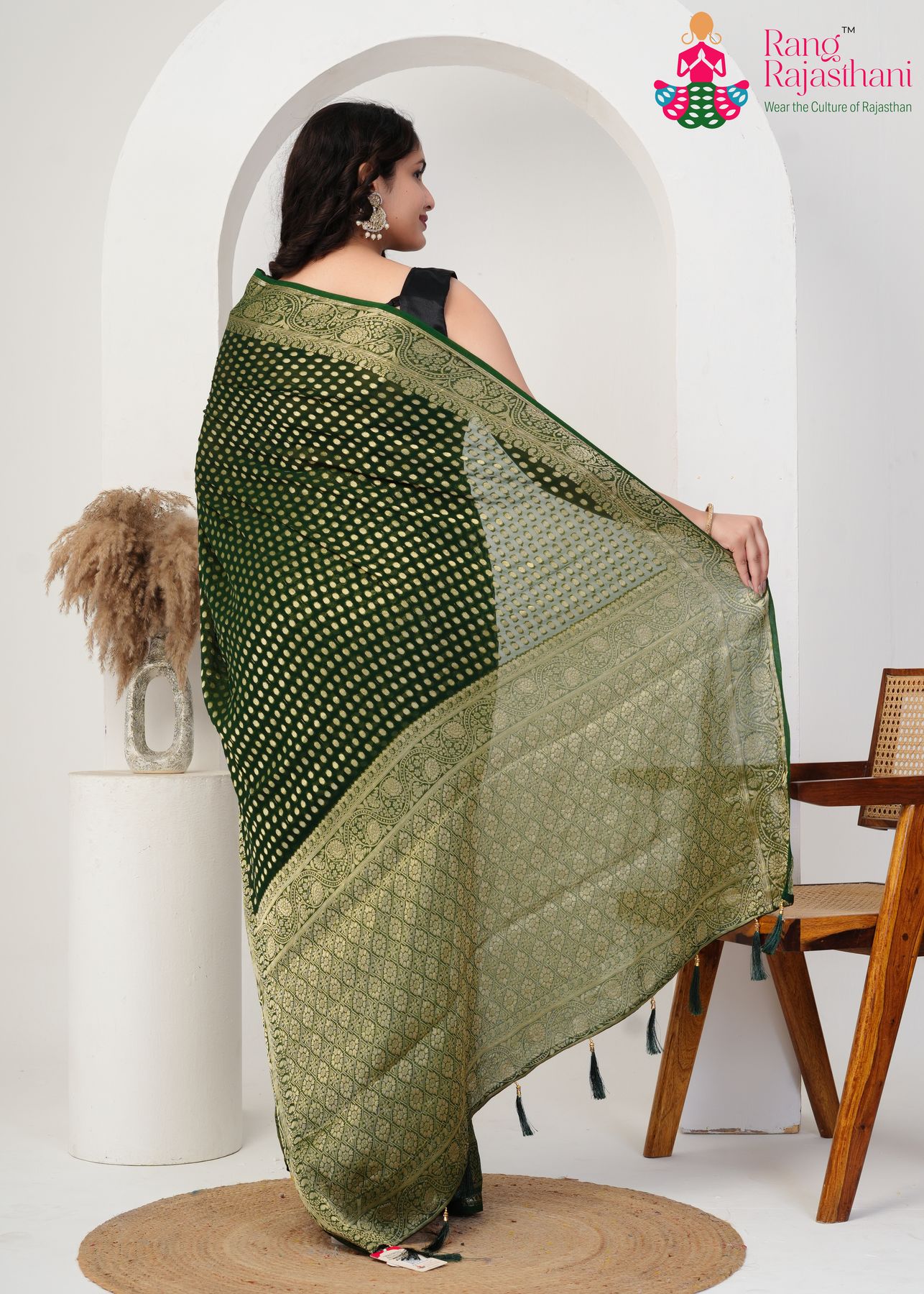 Green Pure Georgette Khaddi Charm Saree : Desi Queen Look