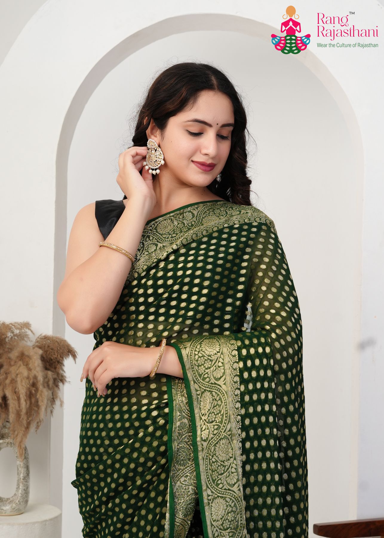 Green Pure Georgette Khaddi Charm Saree : Desi Queen Look