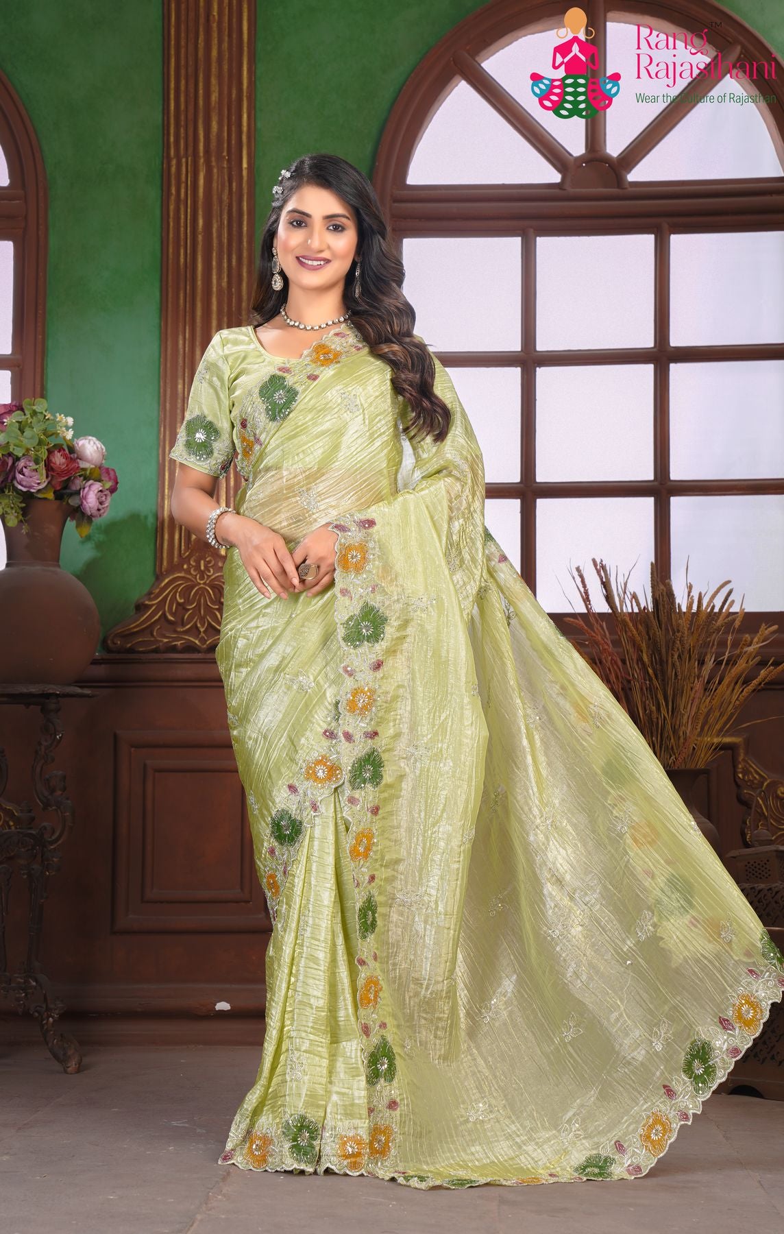 Breathable Pista Fabric Saree - Party Ready