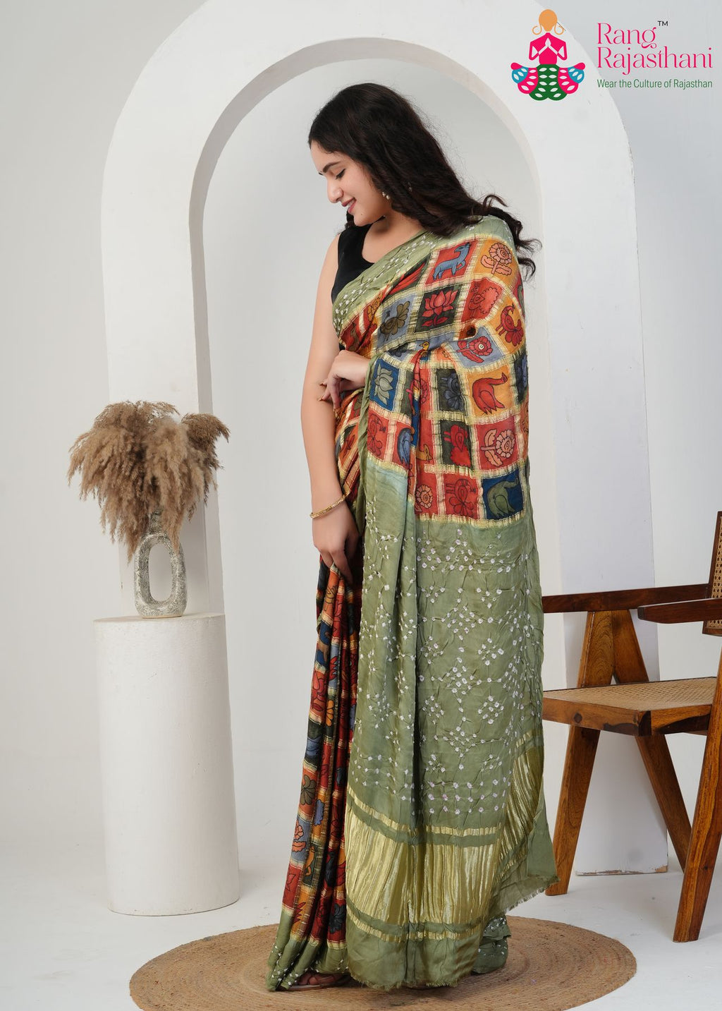 Olive Pure Gajji Silk saree with Khaddi Work side drape view