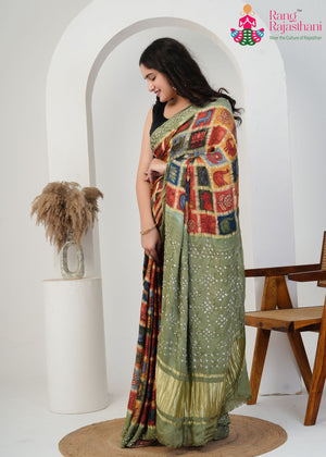 Green Pure Gaji Silk Hand Tie Dye Bandhani Saree for Wedding Guest | Most Loved