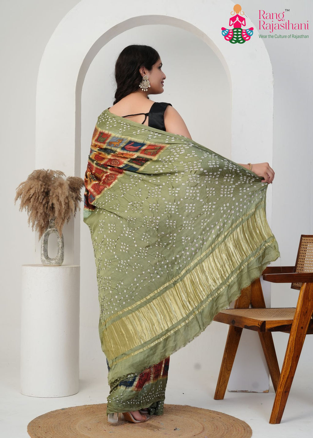 Olive Pure Gajji Silk saree with Khaddi Work back view